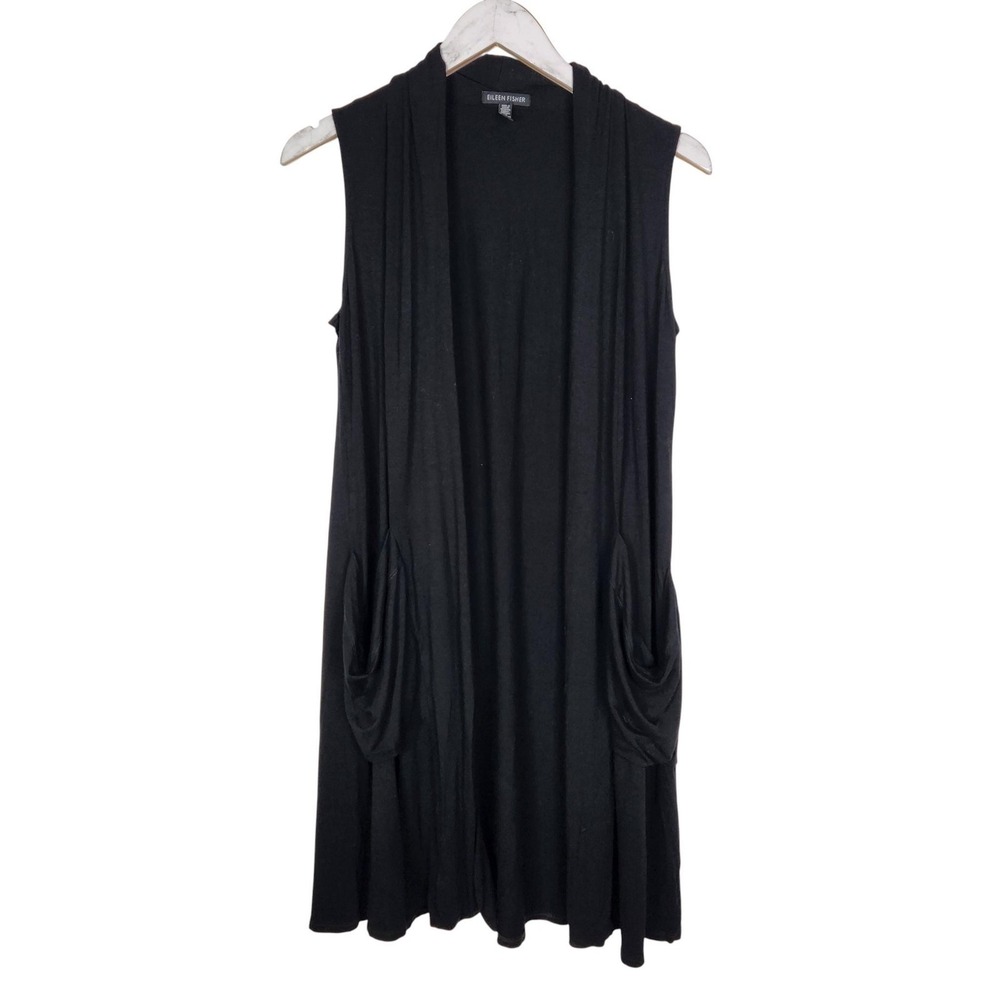EILEEN FISHER Vest Womens Small Petite Black Jersey Open Front Duster Pockets‎